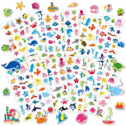 UPINS 12 Sheets Ocean 3D Puffy Stickers for Kids, Under The Sea Animal Cute Fish Shark Foam Stickers for Boys Girls Birthday Gifts, Classroom Reward, DIY Crafts Decorations