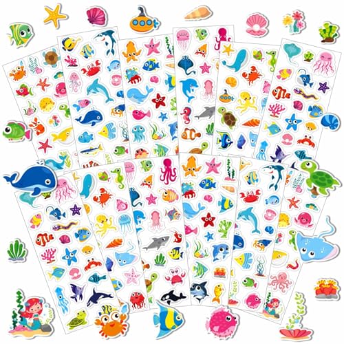 UPINS 12 Sheets Ocean 3D Puffy Stickers for Kids, Under The Sea Animal Cute Fish Shark Foam Stickers for Boys Girls Birthday Gifts, Classroom Reward, DIY Crafts Decorations