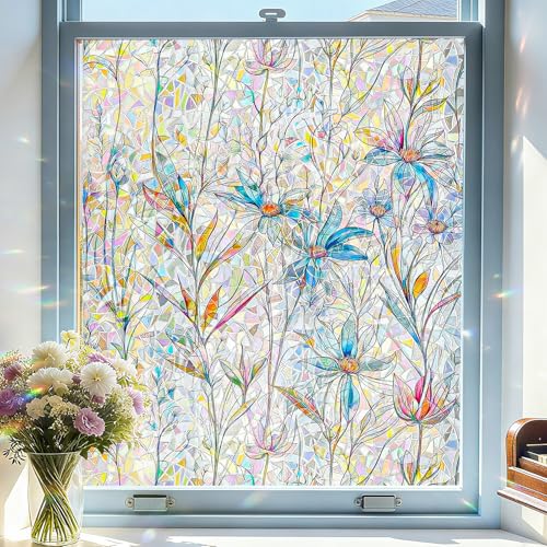 Window Privacy Film, Stained Glass Decorative Static Cling, Removable Laser Sun Blocking Vinyl Covering, Window Film for Home Kitchen Living Room, Blue Lotus, 17.5" x 78.7" - color: Blue Lotus, size: 17.5" x 78.7"
