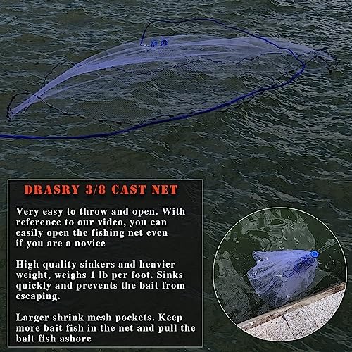 Saltwater Fishing Cast Net 3/8 and 1/4 Mesh with Heavy Duty Gray Sinker American Monofilament Fish Throw Net for Bait Trap 3FT 4FT 5FT 6FT 7FT 8FT 9FT Radius