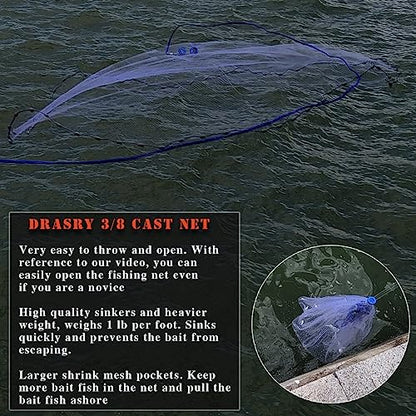Saltwater Fishing Cast Net 3/8 and 1/4 Mesh with Heavy Duty Gray Sinker American Monofilament Fish Throw Net for Bait Trap 3FT 4FT 5FT 6FT 7FT 8FT 9FT Radius