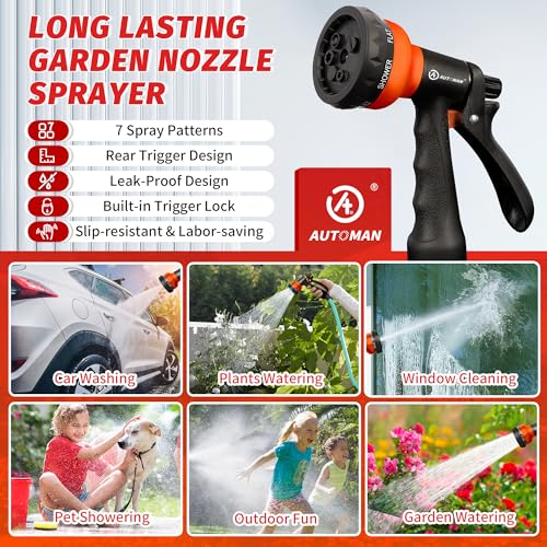 AUTOMAN-Garden-Hose-Nozzle, 2 Pack ABS Water Spray Nozzle with Heavy Duty 7 Adjustable Watering Patterns,Slip Resistant for Watering Plants,Lawn& Garden,Washing Cars,Cleaning, Orange - color: Orange ×2
