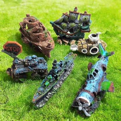 Aquarium Accessories - Resin Sunken Warship Ornament Set, Fish Castle | Betta Fish Hideout Cave, 10 Artificial Aquatic Plants, 30-40 Seashells, 1 Floating Diver, Fish Tank Shipwreck Accessories