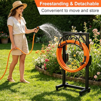 VyGrow Garden Hose Holder, Freestanding Heavy Duty Water Hose Holder for Outside, Upgraded Metal Hose Stand with 4 Spikes, Detachable Garden Hose Storage Hose Reel Rack, Black