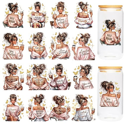 Inspirational Girl UV DTF Cup Wraps - 16 Sheet Shining Girl UV DTF Transfer Stickers, Motivational UVDTF Cup Wraps for Glass, Waterproof Transfer Sticker, DIY Crafts - color: Girl672