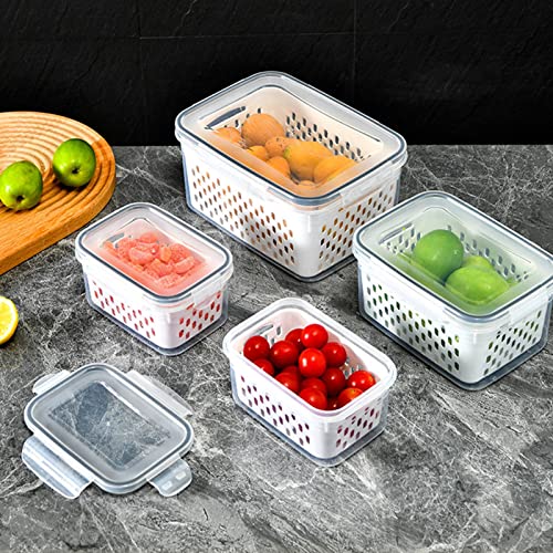 3 Pcs Drain Storage Basket Box with Removable Colander, 850ml/1750ml/3300ml Transparent Leakproof Food Storage Containers for Fruit,Vegetable, Salad, Meat, Fish