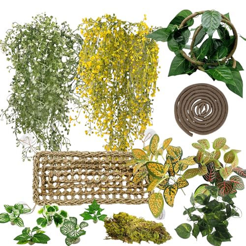 15Pcs Bearded Dragon Tank Accessories, Reptile Plants, Reptile Hammock, Lizard Habitat Decor with Terrarium Plants for Geckos Snakes Chameleons