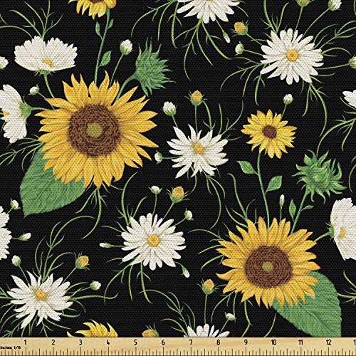 Lunarable Sunflower Fabric by The Yard, Repeating Pattern of Chamomiles and Farmland Produce Rustic Composition Vintage, Decorative Fabric for Upholstery and Home Accents, 2 Yards, Black Yellow - color: Black Yellow, size: Upholstery Fabric 2 yards