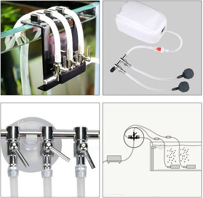 Aquarium Air Pump Splitter 13 in 1 Set 4-Way Air Flow Control Lever Valve & 4 Non-Return Check Valves & 8 Suction Cups for Fish Tank Airline Air Tube Hose