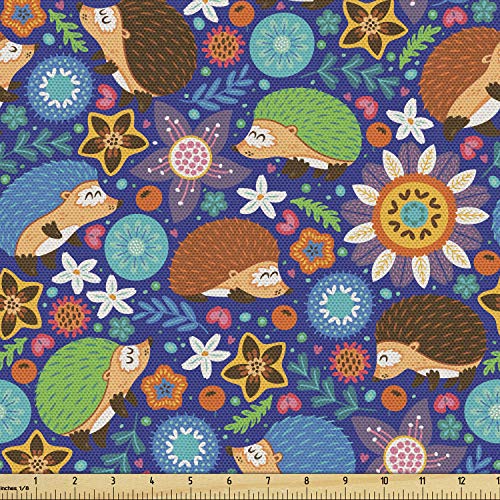 Lunarable Animal Fabric by The Yard, Cartoon Hedgehogs Living in Fantasy Forest Pattern with Flowers Branches Leaves, Decorative Fabric for Upholstery and Home Accents, 2 Yards, Blue Orange - color: Blue Orange, size: Upholstery Fabric 2 yards