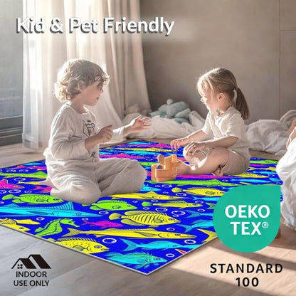 9'x12' Washable Graphic Fish Oversized Rug, Blue Non-Shedding Pet Friendly Carpet Foldable Easy Care Mat for Master Suite, California King, Under Bed | Ref:1885990