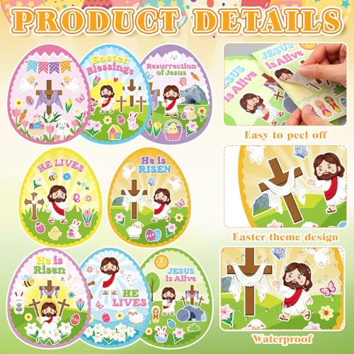 Frienda 48 Sets Easter Religious Crafts for Kids Make an Easter He is Risen Egg Sticker Scenes Resurrection Crafts Stickers for Christian Bible Sunday School Party Favors - style: Easter