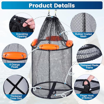 Large Foldable Floating Fishing Basket for Live Caught Fish, Collapsible Rubber-Coated Fish Net Kayak Bait Storage Cage with 5M Double Hook Nylon Rope and 6 Cable Ties, 1 Storage Bag