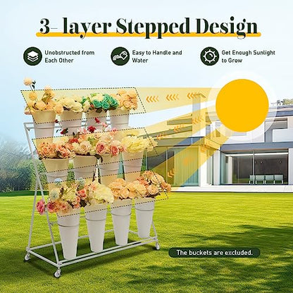 Flower Display Stand with 12 Buckets, 3 Layers Plant Shelf Display Holder for Cut Flowers, White - style: Round White