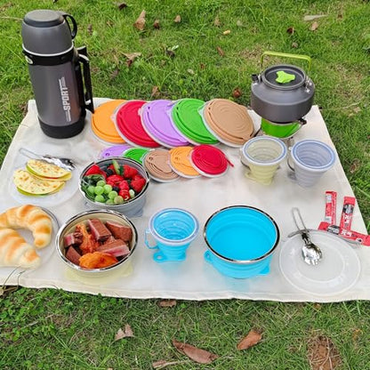 Mess Kit for Camping Silicone Collapsible Bowl Collapsible Cup and Stainless Steel Spoon for Backpacking Outdoor Hiking Traveling and Picnic - color: Blue