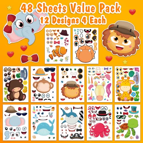 48 Sheets Make-a-Face Animal Stickers Mix and Match for Kids Party Favors Supplies Activities Crafts - style: Mixed Animals