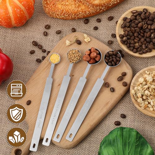 4pcs Teaspoons Measuring Spoon,7In Long Handle Measuring Spoons, Stainless Steel Long Measuring Spoons Includes 1/4 tsp, 1/2 tsp, 1 tsp for Accurate Measure Liquid Dry Ingredients Ground Coffee