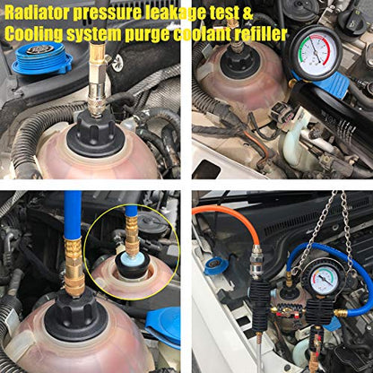 Radiator Pressure Tester Pneumatic Vacuum Cooling System Purge Refill Kit 28PCS Universal Automotive Water Tank Leak Test and Coolant Fill Tool Set with Adapters Gauge Case