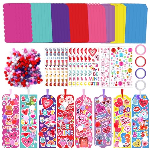 Frienda 48 Sets Valentine DIY Bookmarks Craft Kit Valentine Decorations Art Sets Blank Foam with Smile Face Hearts Owl Alphabets Stickers Pom-poms for Activity Reading Gift Exchange - style: Sweet