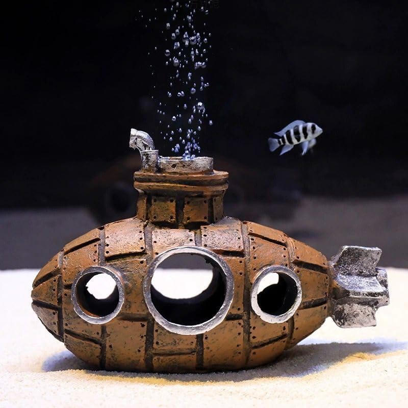 Brown Retro Floating Submarine Ornament for Aquarium - Cute Resin Hovering Decor, Safe Interactive Tank Accessory for Betta, Cichlids, Goldfish, Shrimp, Hermit Crabs