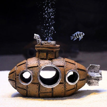 Brown Retro Floating Submarine Ornament for Aquarium - Cute Resin Hovering Decor, Safe Interactive Tank Accessory for Betta, Cichlids, Goldfish, Shrimp, Hermit Crabs