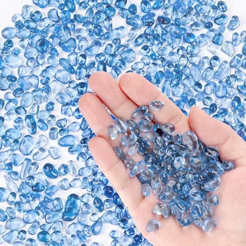 Colorful Glass Stones, 1 LB Fish Tank Gravel, Small Irregular Rainbow Aquarium Gravel for Aquarium Decorations and Turtle Tank, Sea Glass Beads Crystals for Fish Bowl, Vase Filler,Light Blue