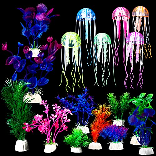 17 Pcs Fish Tank Decorations, Include 11 Aquatic Plants and 6 Artificial Jellyfish, Colorful Fish Tank Plastic Plants Accessories for Aquarium Household and Office