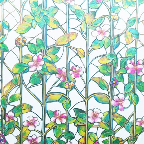 Floral Fence Window Privacy Film Stained Glass Glass Door Clings Non-Adhesive Reusable Decorative Window Cover for Home and Office,35 inches by 78.7 inches - color: Floral Fence, size: 35''x78.7''