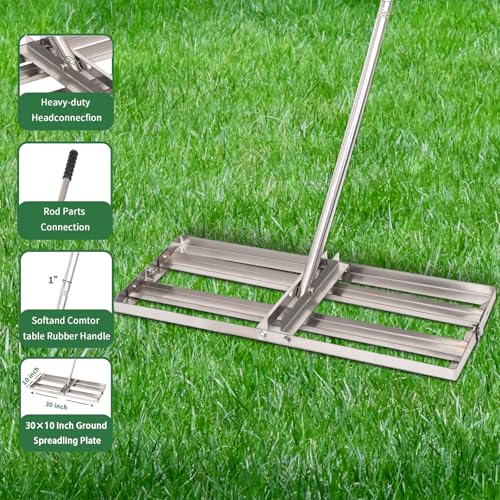 Lawn Leveling Rake - 30'' x 10'' Stainless Steel Lawn Leveler, Heavy Duty Ground Plate Rake for Yard, with Adjustable 72'' Long Handle, Effort Saving Lawn Level Tool for Farm, Garden, Golf Lawn