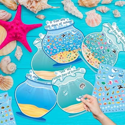 BeYumi Sea Animal Sticker Scene - 24Pcs 100 Days of School Fish Tank Scene Sticker Craft Kit for Kids Make Ocean Animals World Art Craft 100th Day of School Party Preschool Classroom Activities