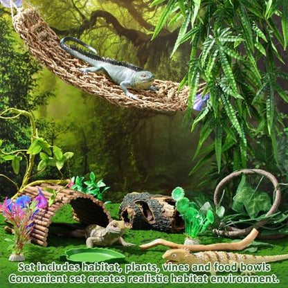 Bearded Dragon Tank Accessories Reptile Bridge Hammock Plants Jungle Climber Vines Terrarium Branch Plants Habitat Decoration for Hiding Climbing Snake Gecko Lizard Chameleon