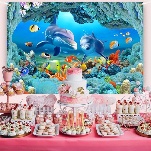 Ocean Dolphins Backdrop 8x6 FT Under the Sea Cave Photo Backdrops Underwater Corals Fish Party Decorations Background Kinds Adult Baby Shower Birthday Photo Booth Props
