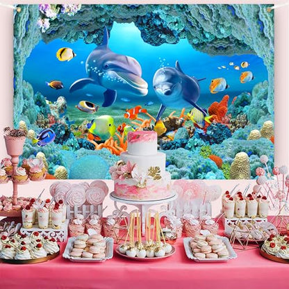 Ocean Dolphins Backdrop 8x6 FT Under the Sea Cave Photo Backdrops Underwater Corals Fish Party Decorations Background Kinds Adult Baby Shower Birthday Photo Booth Props