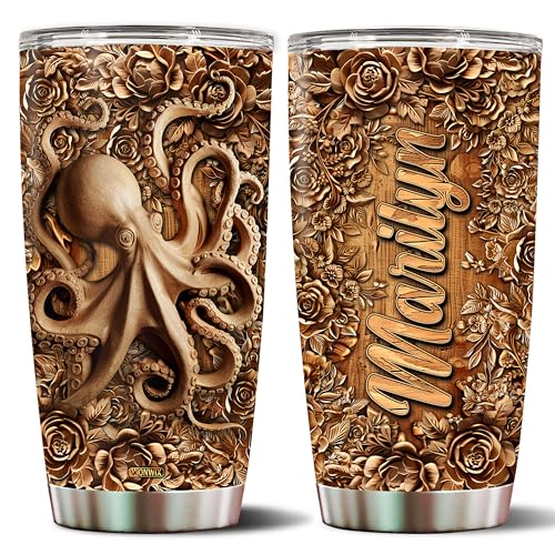 Personalized Octopus Gifts for Women Men Wood Drawing Custom Name 20oz Insulated Stainless Steel Tumbler with Lid Travel Cup Coffee Mug Gift for Daughter Son