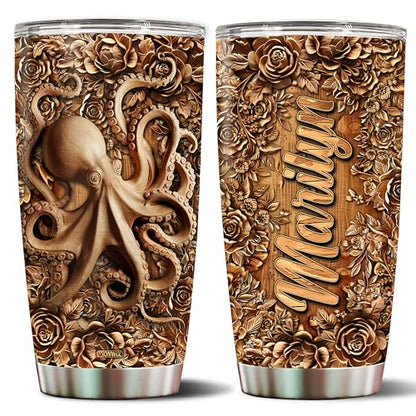 Personalized Octopus Gifts for Women Men Wood Drawing Custom Name 20oz Insulated Stainless Steel Tumbler with Lid Travel Cup Coffee Mug Gift for Daughter Son