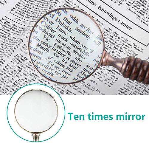 10X Handheld Magnifying Glass Antique Copper Magnifier with Sandawood Handle,High Magnification Magnifier for Reading, Senior, Low Vision, Map, Inspection, Handcraft Hobby