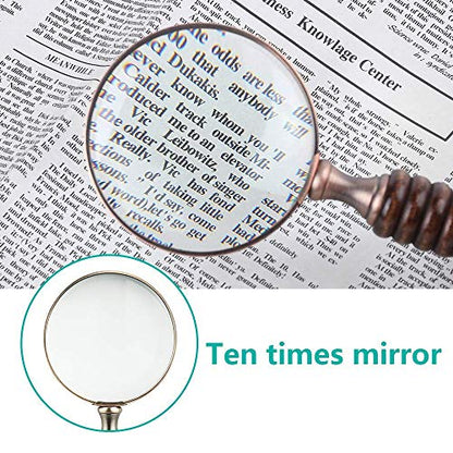 10X Handheld Magnifying Glass Antique Copper Magnifier with Sandawood Handle,High Magnification Magnifier for Reading, Senior, Low Vision, Map, Inspection, Handcraft Hobby