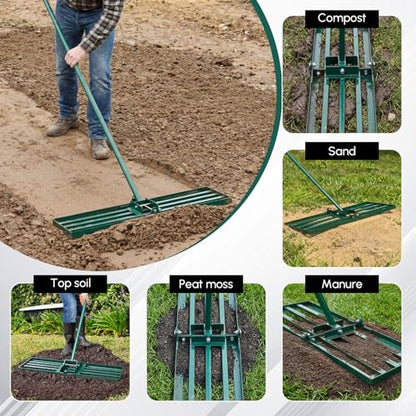 Lawn Leveling Rake 30"x10" Heavy Duty Carbon Steel, 72" Adjustable Long Handle, Leveler Tool for Yard Garden Golf Course Soil Dirt Ground Surface Leveling