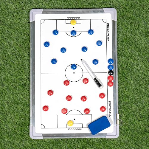 QuickPlay Magnetic Soccer Coaching Whiteboard 12x16in - Double-Sided | Two printed faces, Full & half field, Dry-erase surface, Player magnets & pen, Plan drills & set plays, Wall or table