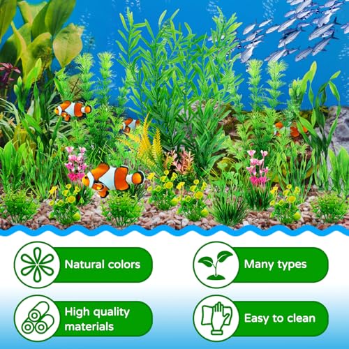 Fish Tank Plants, 20pcs Aquarium Decor Green Plants Artificial Aquarium Decorations Plant, Fish Tank Accessories for Household and Office Aquarium Simulation, Small to Large