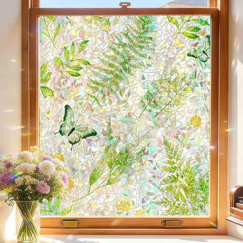Window Privacy Film, Stained Glass Decorative Static Cling, Removable Laser Sun Blocking Vinyl Covering, Window Film for Home Kitchen Living Room, Green Leaf, 17.5" x 78.7" - color: Green Leaf, size: 17.5" x 78.7"