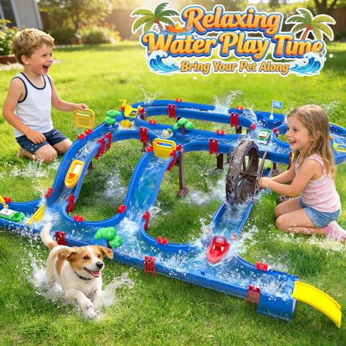 VATOS Double-Tier Watermill Summer Toy, 120 PCS DIY Water Table Toys for Kids, Girls, Boys 4-6 Years, Outdoor Water Toys Backyard, Beach, Balcony, Garden Fun Water Playset for Kids Pets