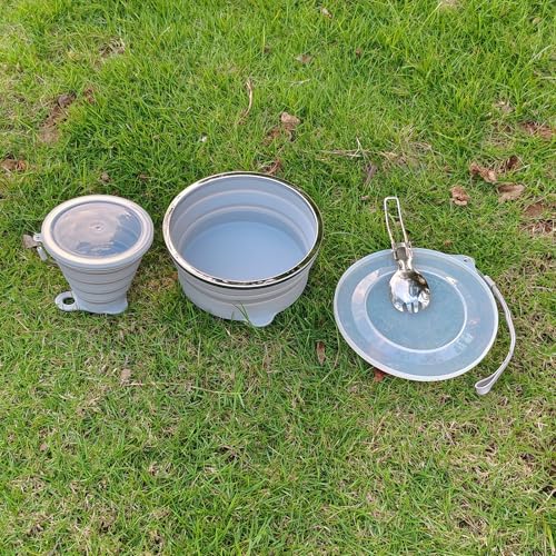 Mess Kit for Camping Silicone Collapsible Bowl Collapsible Cup and Stainless Steel Spoon for Backpacking Outdoor Hiking Traveling and Picnic - color: Gray