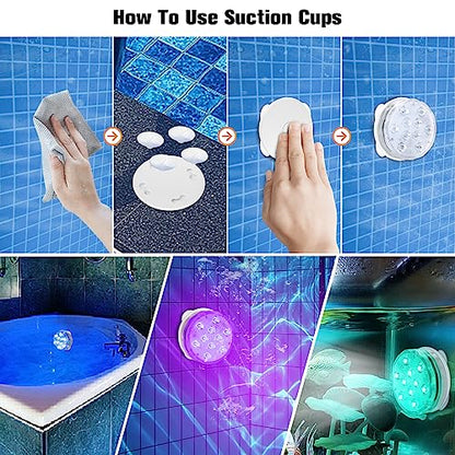 Rechargeable Submersible LED Lights with Remote, USB Color Changing Aquarium Lights with Magnet Suction Cups, Waterproof Underwater Pool Lights for Inground Pool Shower Hot Tub Accessories, 2Packs