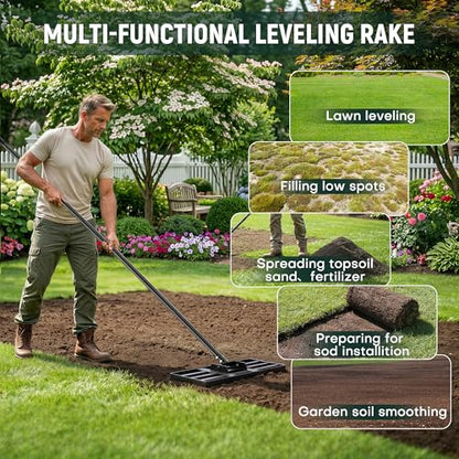 17" x 10" Lawn Leveling Rake for Yard & Garden, Lawn Leveler with Adjustable 6.5FT Handle, Carbon Steel Leveling Tool for Topdressing, Dirt, Sand & Grass Leveling - size: 17in