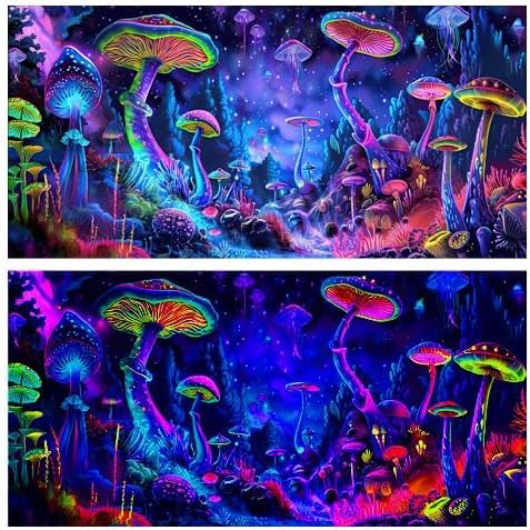 48X18IN Blacklight Mushroom Black Light Aquarium Background UV Reactive Background Starry Sky Terrarium Mushroom Theme Background with 10 EVA Double-Sided Tape - color: Violet bluish, size: 48X18in/120X45cm