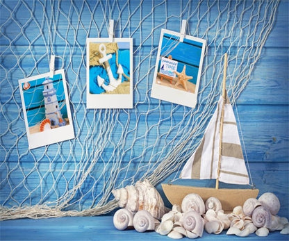 Blue Wooden Wall Nautical Backdrop Photography Sailing Adventure Rudder Seashell Sailing Wheel Helm Fishing Net Starfish Photo Backdrop Summer Nautical Party Baby Shower Birthday Background Decoration