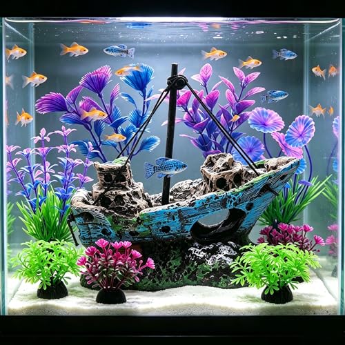 Aquarium Decoration Kit, Resin Shipwreck Ornament with 6 Artificial Aquatic Plants, Fish Tank Decor Set