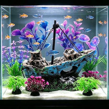 Aquarium Decoration Kit, Resin Shipwreck Ornament with 6 Artificial Aquatic Plants, Fish Tank Decor Set