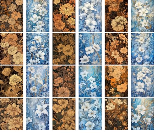 Large Stickers Pack 24 pcs ~ Golden Petals and Azure Dreams: A Lush Collection of Floral Majesty - Exquisite Blooms in Hues of Sunset and Sky for an Elegant Stickers Set - color: Fourtysix